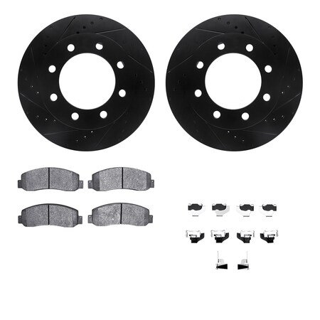 Dynamic Friction Co 8212-99200, Rotors-Drilled, Slotted-BLK w/Heavy Duty Brake Pads incl. Hardware, SLVGeospec Coat,  8212-99200